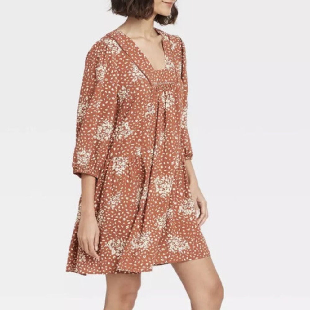 Knox Rose Floral Print Peasant Boho Mini Dress Women's Size Large Rust Cream - Picture 3 of 12